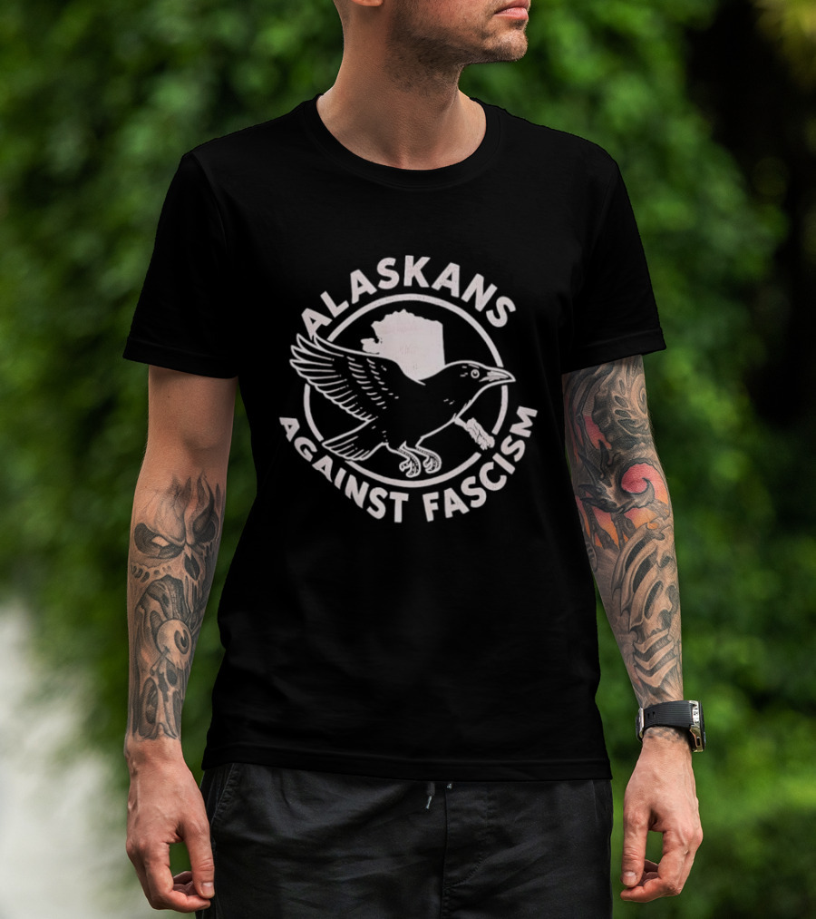 Alaskans Against Fascism Raven Activism Symbol With Alaska Map T-Shirt