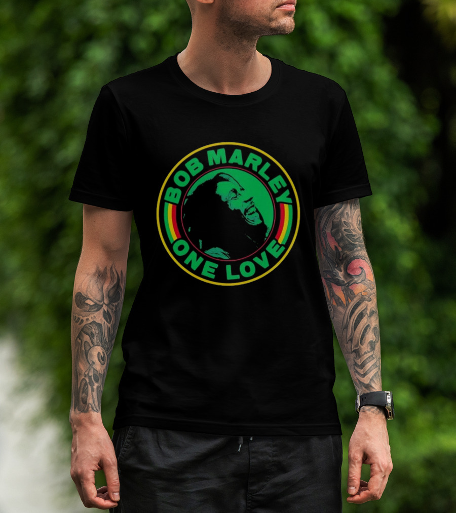 Bob Marley One Love Iconic Circle Emblem With Green And Red Highlights T-Shirt