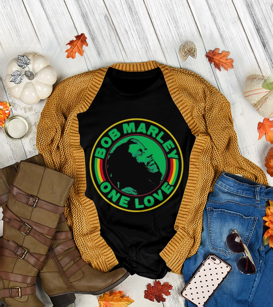 Bob Marley One Love Iconic Circle Emblem with Green and Red Highlights T-Shirt
