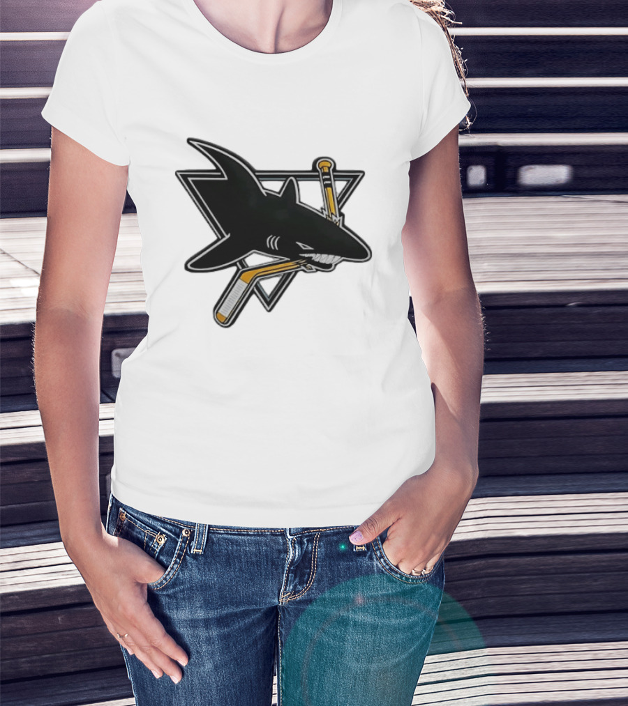San Jose Sharks Biting Hockey Stick Triangle Sports T-Shirt