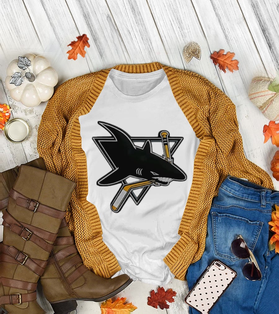 San Jose Sharks Biting Hockey Stick Triangle Sports T-Shirt
