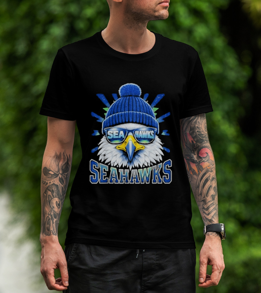 Seahawks Eagle Face With Sunglasses And Winter Hat T-Shirt