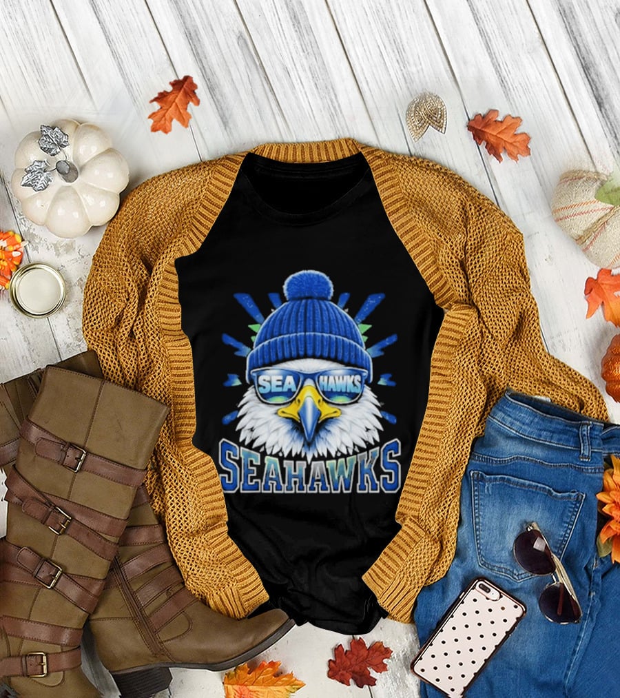 Seahawks Eagle Face with Sunglasses and Winter Hat T-Shirt