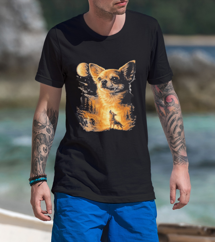 Chihuahua Wolf Moon Forest Scene T-Shirt