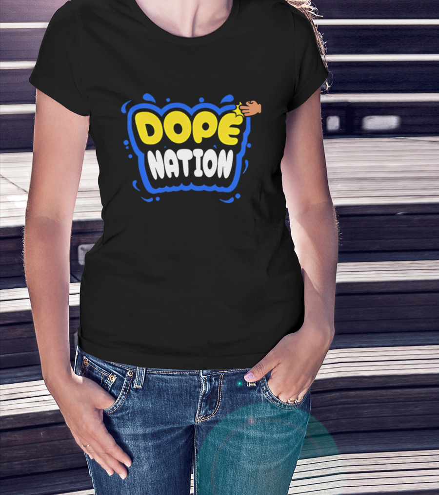 Dope Nation Bubble Letters With Yellow Hand And Blue T-Shirt