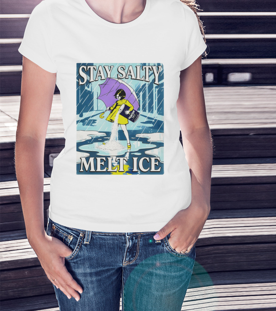Morton Salt Stay Salty Melt ICE Umbrella Girl Retro Rain Scene T-Shirt