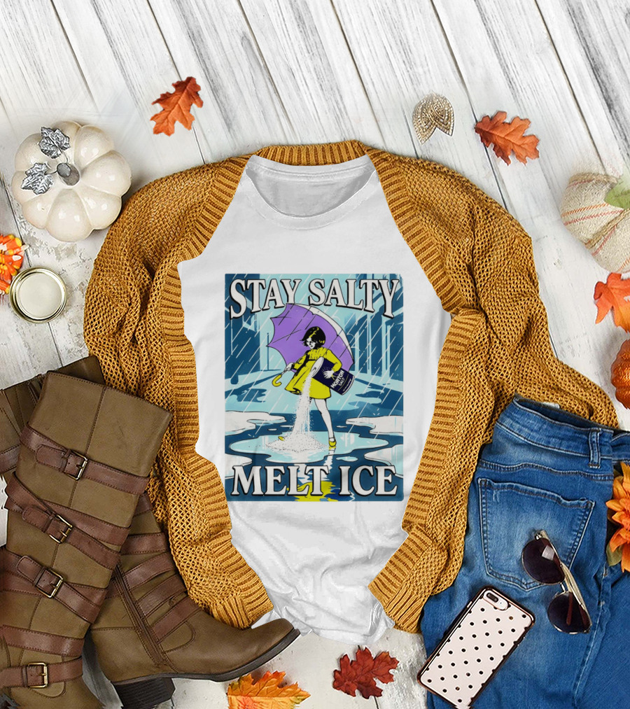 Morton Salt Stay Salty Melt ICE Umbrella Girl Retro Rain Scene T-Shirt