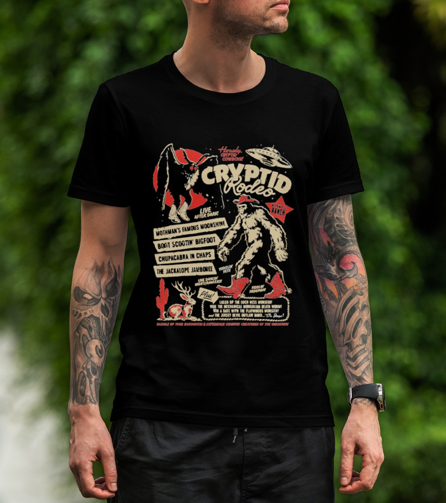 Howdy Cryptid Rodeo Yeti Sasquatch UFO Cactus Jackalope Chupacabra T-Shirt