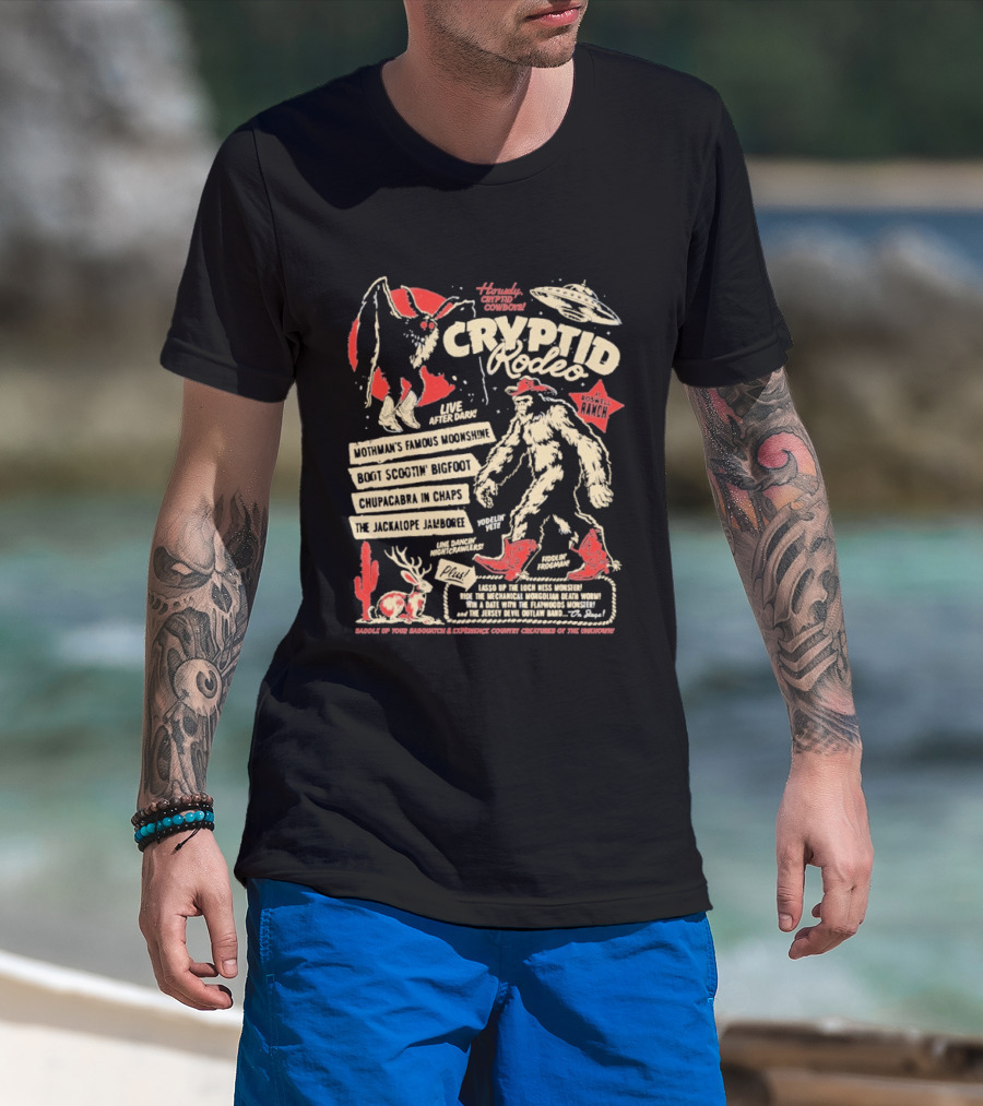 Howdy Cryptid Rodeo Yeti Sasquatch UFO Cactus Jackalope Chupacabra T-Shirt
