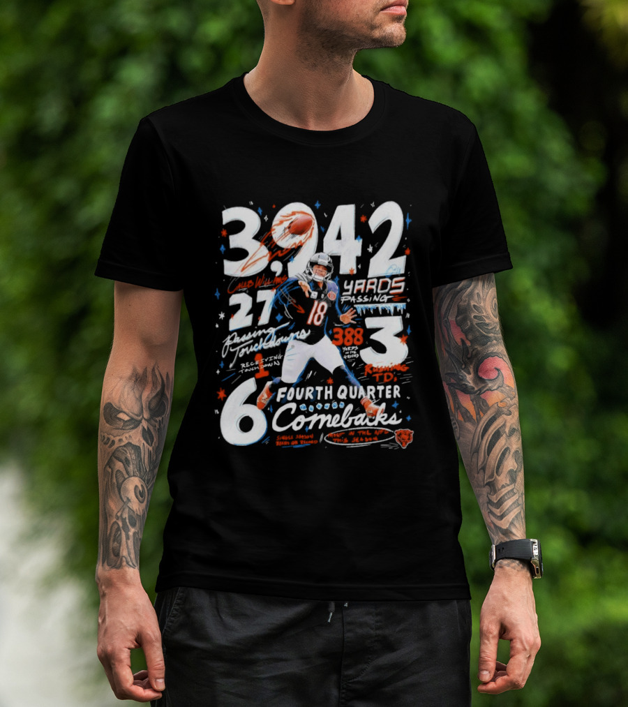 Caleb Williams Chicago Bears 2026 3,242 Yards Passing 27 Touchdowns 6 Fourth Quarter Comebacks 3 Wins T-Shirt