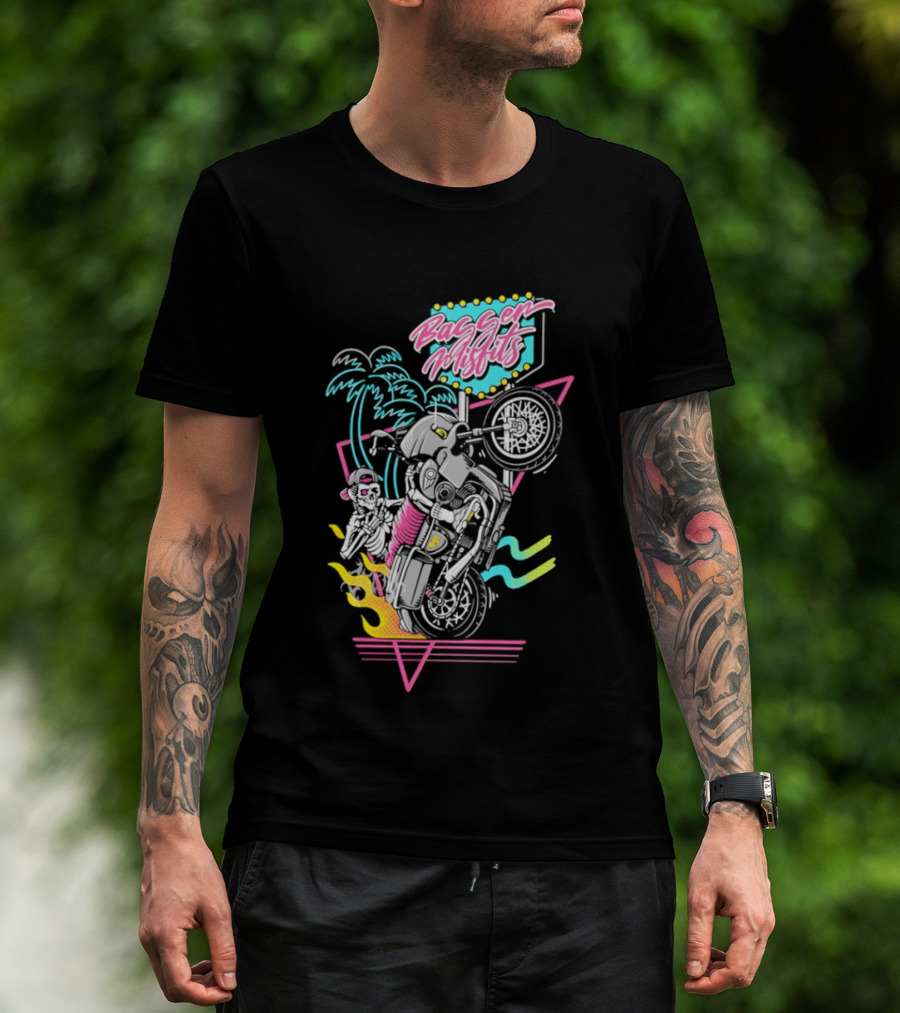 Bagger Misfits Skeleton Motorcycle Wheelie Neon 80s Palm Trees T-Shirt