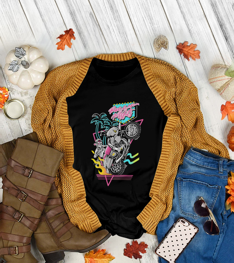 Bagger Misfits Skeleton Motorcycle Wheelie Neon 80s Palm Trees T-Shirt