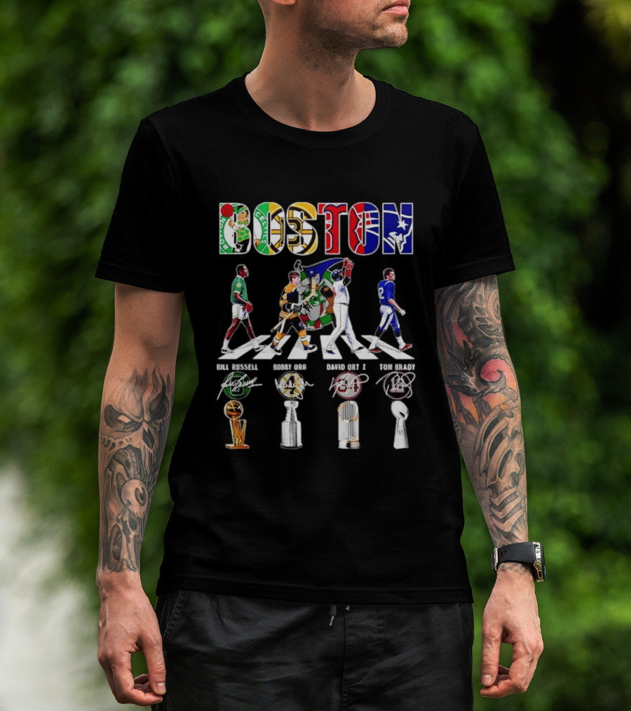 Boston Celtics Bruins Red Sox Patriots Bill Russell Bobby Orr David Ortiz Tom Brady Trophies Legends Signatures T-Shirt