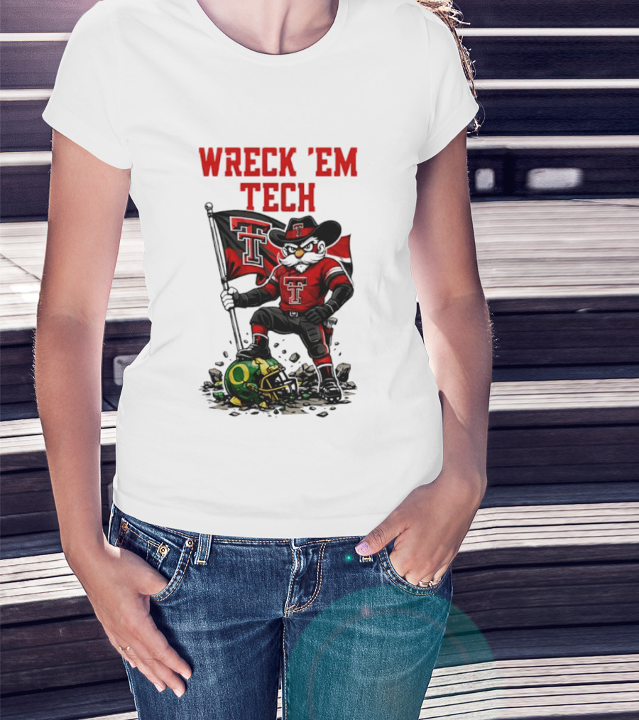 Wreck 'Em Tech Texas Tech Red Raiders Raider Red Flag And Helmet T-Shirt