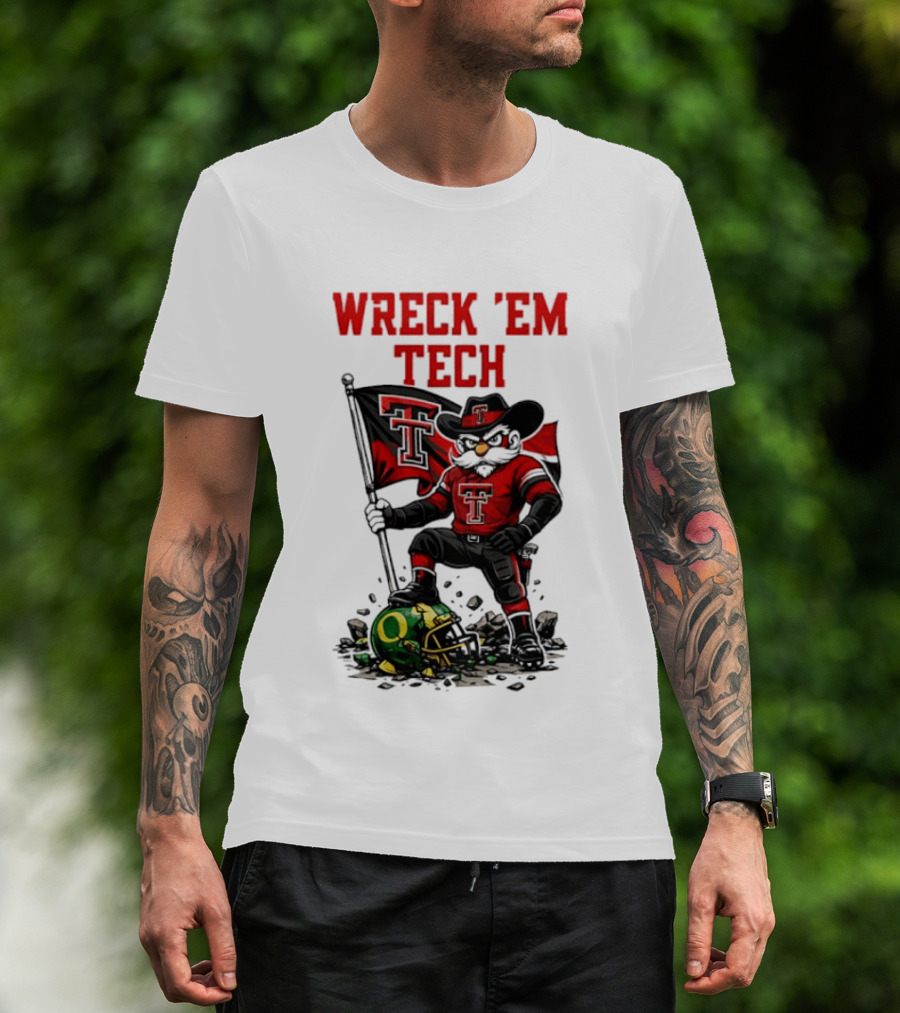 Wreck 'Em Tech Texas Tech Red Raiders Raider Red Flag And Helmet T-Shirt