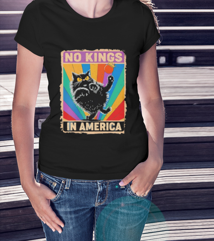 No Kings In America Black Cat Anti Trump Rainbow Kingslayer T-Shirt