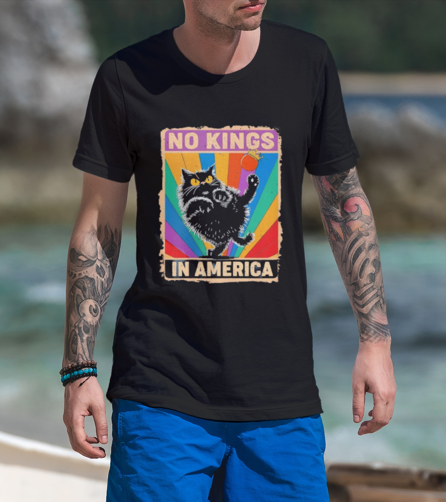 No Kings In America Black Cat Anti Trump Rainbow Kingslayer T-Shirt