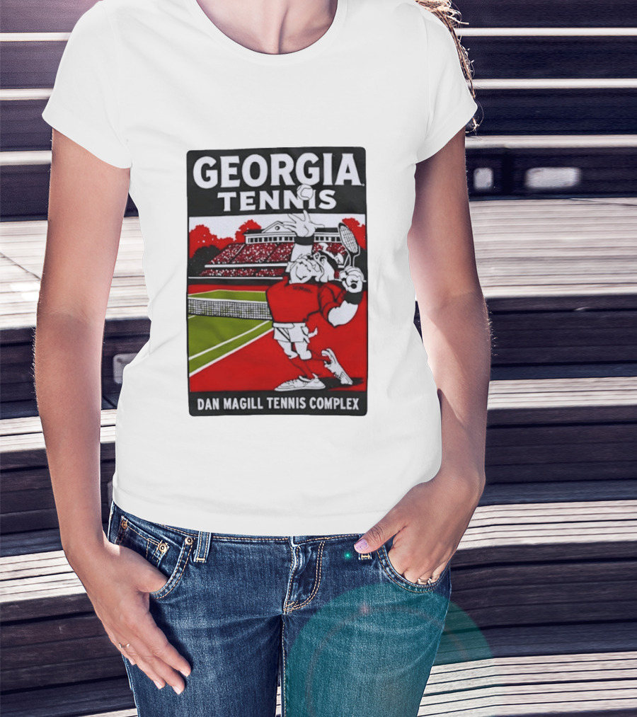 Georgia Tennis Dan Magill Tennis Complex Cartoon Character Court Scene T-Shirt