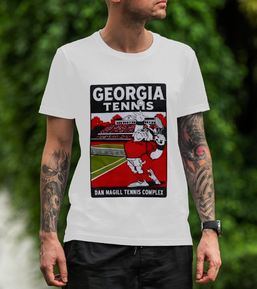 Georgia Tennis Dan Magill Tennis Complex Cartoon Character Court Scene T-Shirt