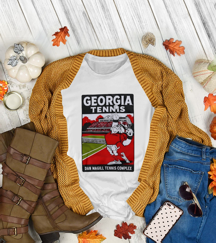 Georgia Tennis Dan Magill Tennis Complex Cartoon Character Court Scene T-Shirt
