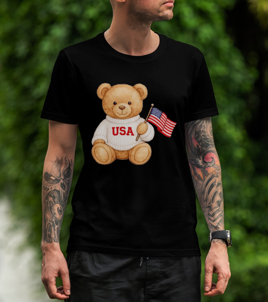 USA Teddy Bear Holding American Flag T-Shirt