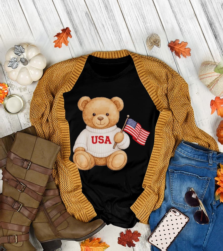 USA Teddy Bear Holding American Flag T-Shirt