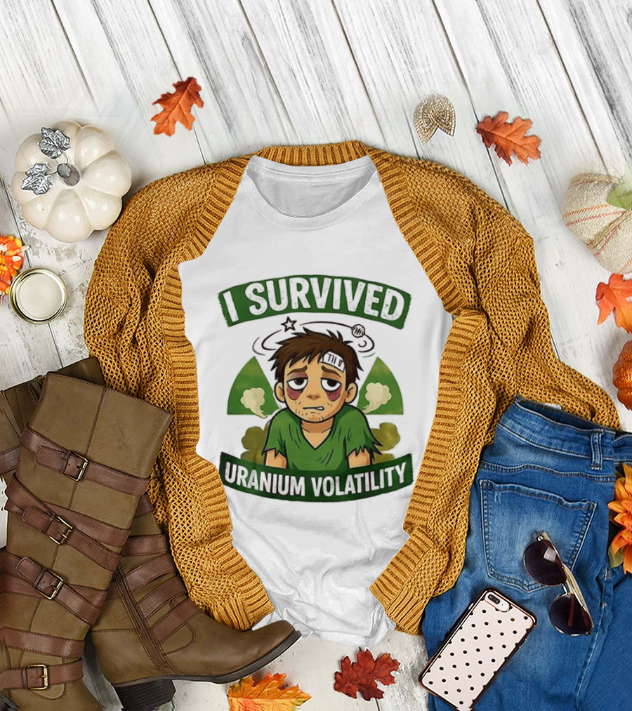 I Survived Uranium Volatility Exhausted Cartoon Character Wearing Torn Green T-Shirt
