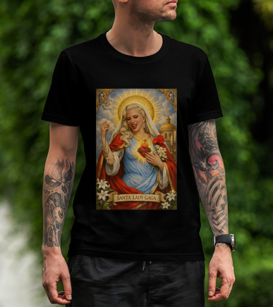 Santa Lady Gaga Sacred Heart Imagery With Rosary And Golden Halo T-Shirt