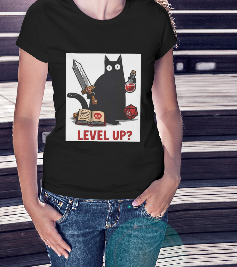 Black Cat Level Up Sword Potion D20 Dice Book Dungeons And Dragons T-Shirt