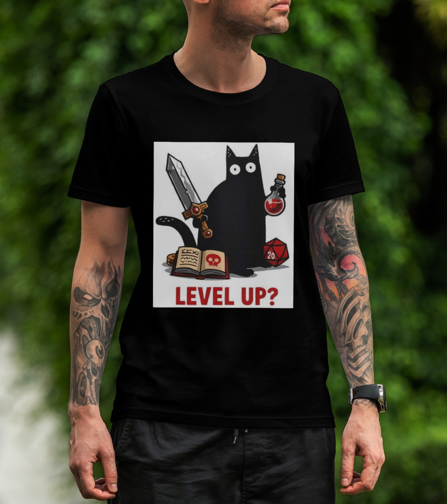 Black Cat Level Up Sword Potion D20 Dice Book Dungeons And Dragons T-Shirt