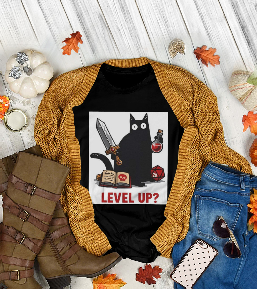 Black Cat Level Up Sword Potion D20 Dice Book Dungeons and Dragons T-Shirt