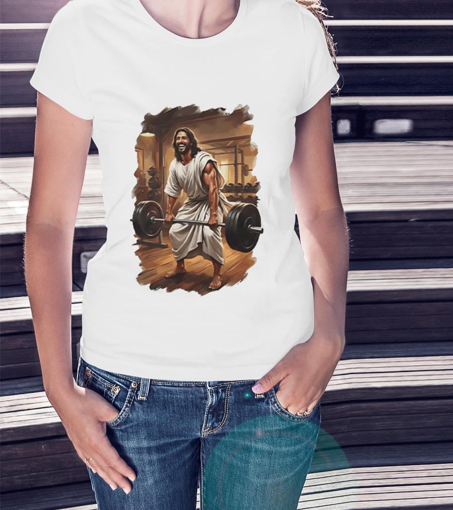 Jesus Lifting Weights In Gym Spiritual Fitness Motivation T-Shirt
