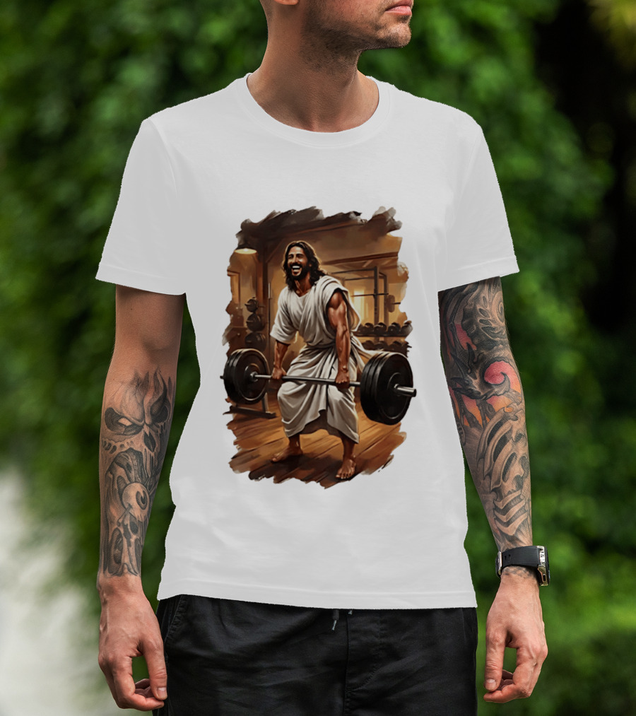 Jesus Lifting Weights In Gym Spiritual Fitness Motivation T-Shirt