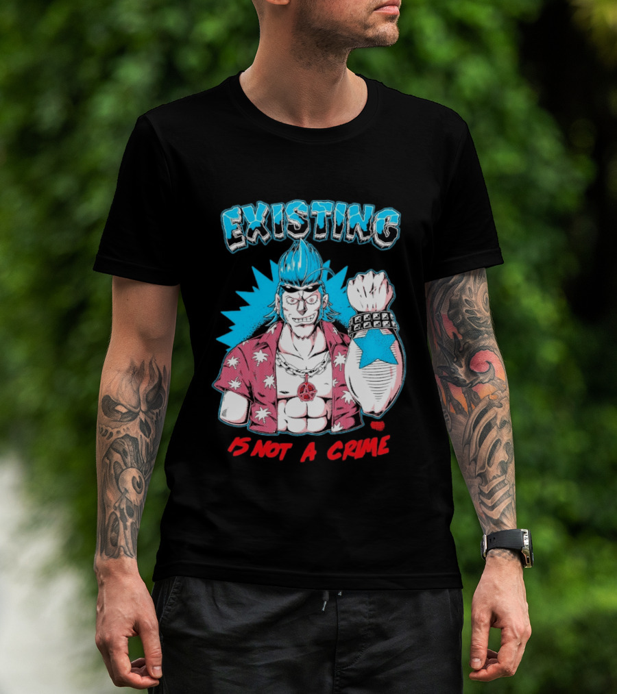EXISTING IS NOT A CRIME Anime Punk Character Blue Hair Star Tattoo T-Shirt