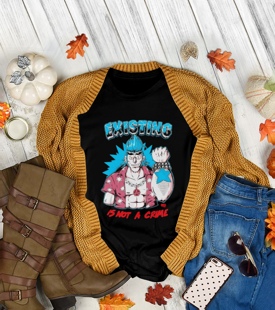 EXISTING IS NOT A CRIME Anime Punk Character Blue Hair Star Tattoo T-Shirt
