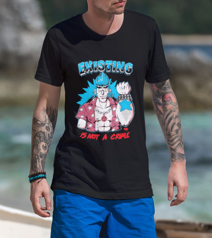 EXISTING IS NOT A CRIME Anime Punk Character Blue Hair Star Tattoo T-Shirt
