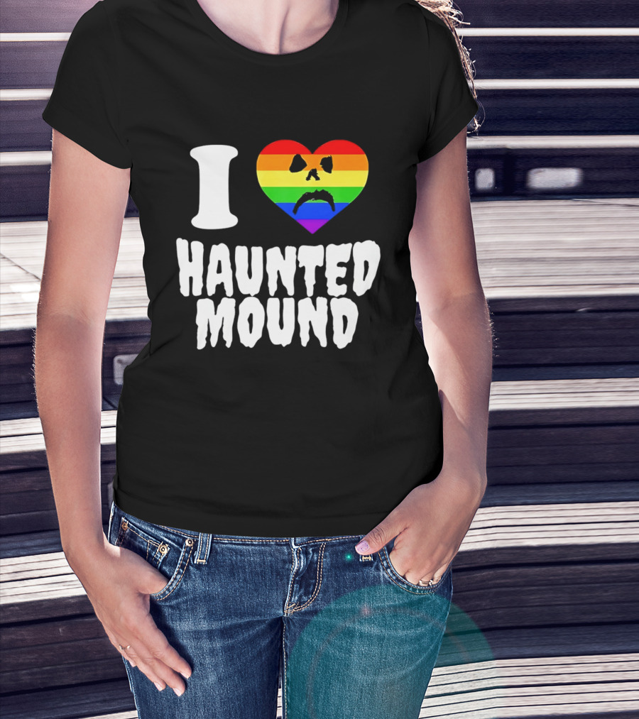 I Love Haunted Mound Rainbow Heart Face T-Shirt