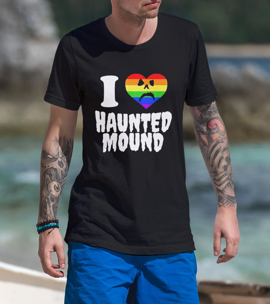 I Love Haunted Mound Rainbow Heart Face T-Shirt
