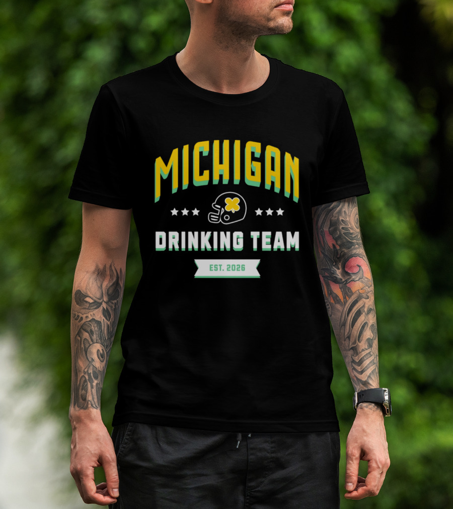 Michigan Wolverines Drinking Team St Patrick's Day Est 2026 Football Helmet Four Leaf Clover T-Shirt