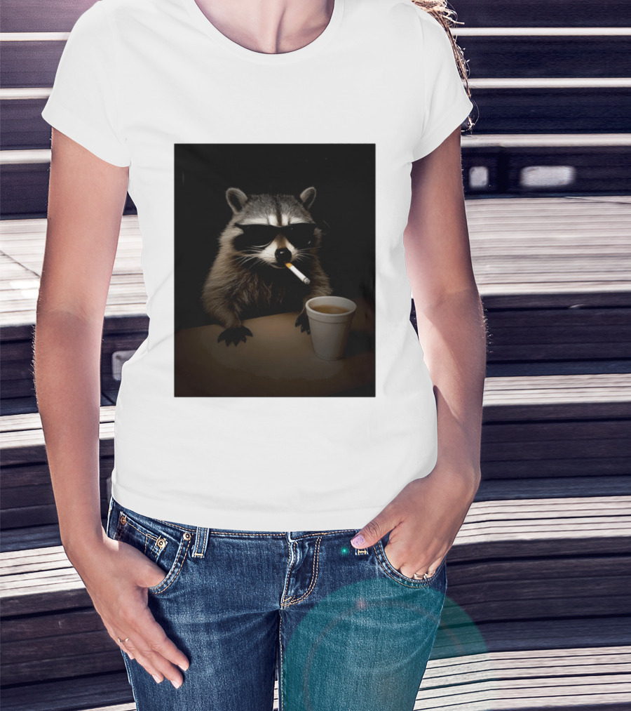 Raccoon Drinking Coffee Smoking Cigarette Wearing Sunglasses T-Shirt