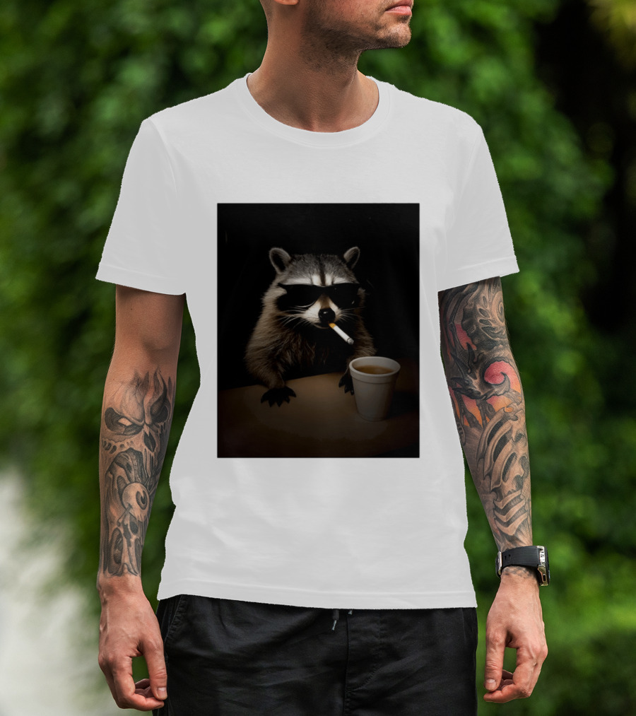 Raccoon Drinking Coffee Smoking Cigarette Wearing Sunglasses T-Shirt