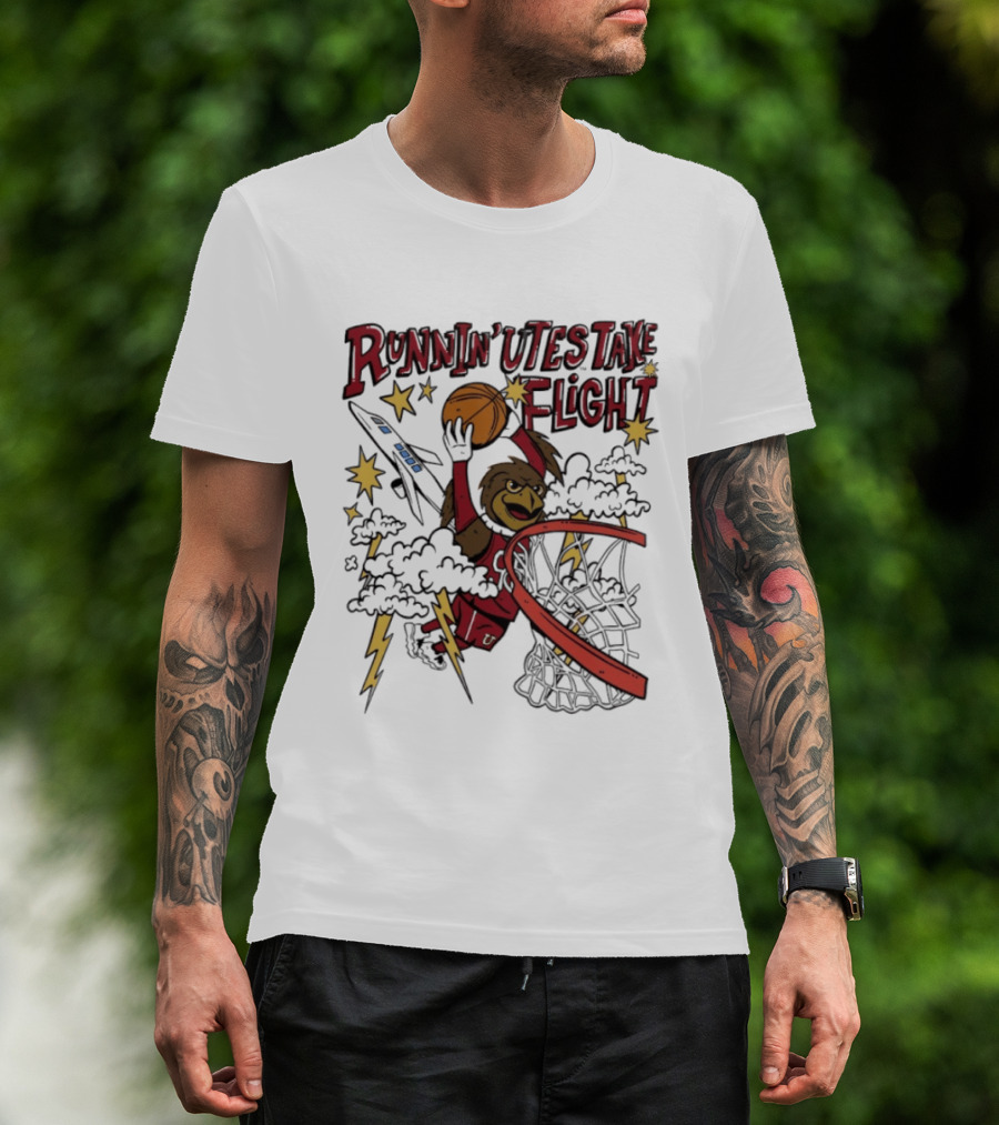 Runnin' Utes Take Flight Basketball Mascot Dunking With Clouds Lightning And Jet T-Shirt