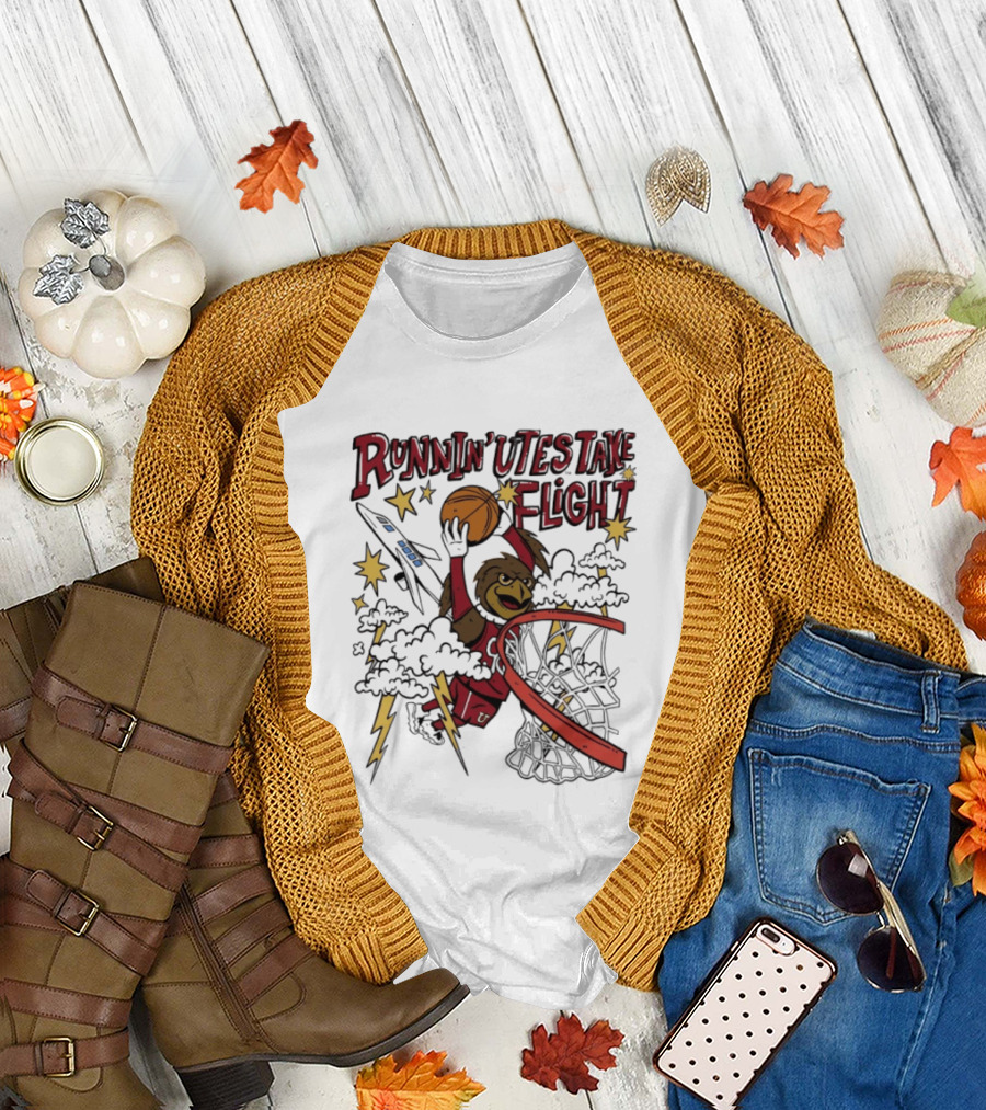 Runnin' Utes Take Flight Basketball Mascot Dunking with Clouds Lightning and Jet T-Shirt