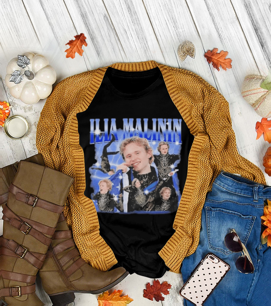 Ilia Malinin Figure Skating Star Blue Sparkle Montage T-Shirt