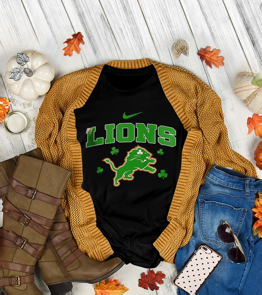 Detroit Lions Irish Theme with Green Shamrocks and Nike T-Shirt