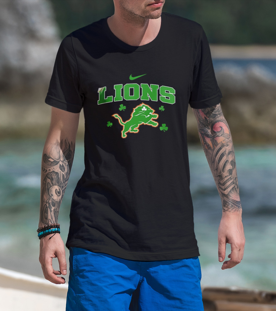 Detroit Lions Irish Theme With Green Shamrocks And Nike T-Shirt