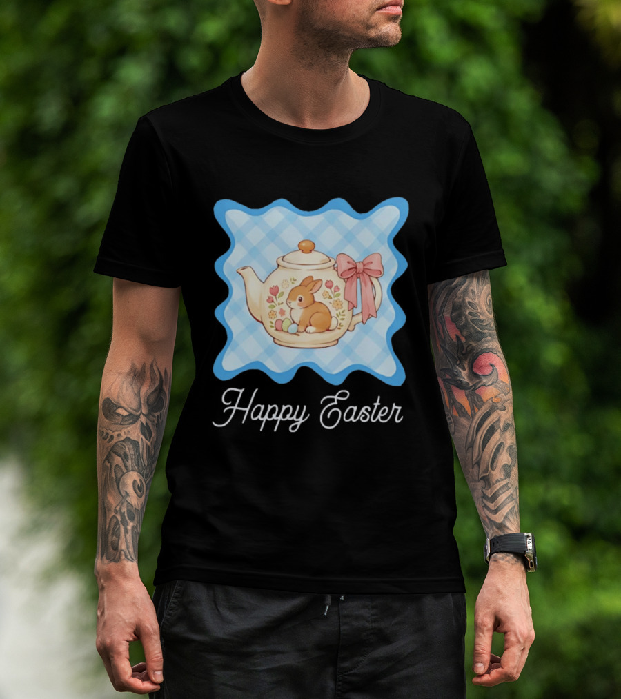 Happy Easter Bunny Teapot With Floral Blue Gingham And Pink Bow T-Shirt
