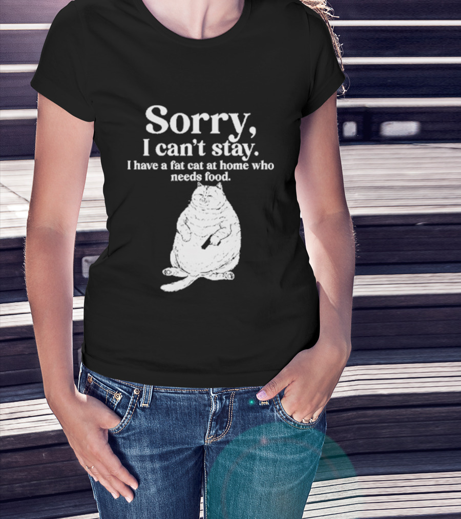 Sorry I Can't Stay I Have A Fat Cat At Home Who Needs Food Cat Lover Humor T-Shirt