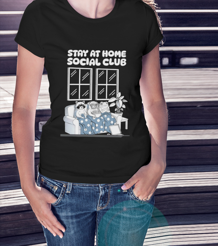 Stay At Home Social Club Raccoon Pug Frog Sofa Window Plant Scene T-Shirt
