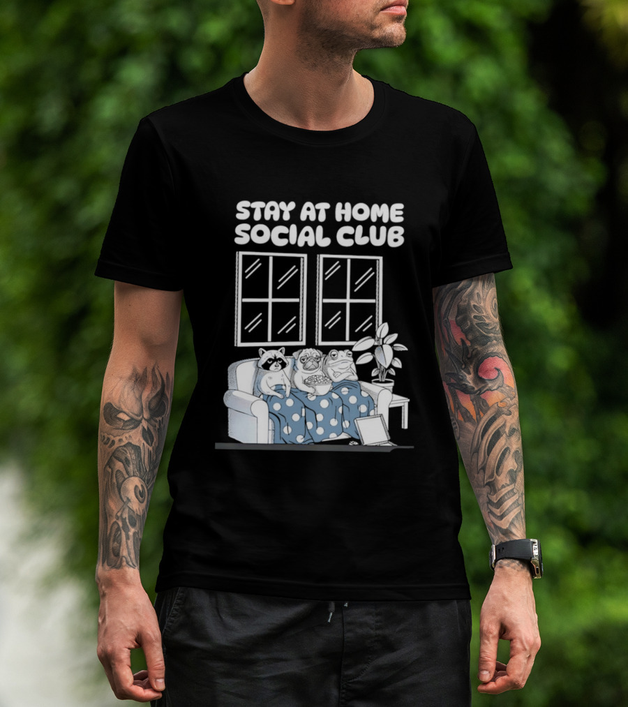 Stay At Home Social Club Raccoon Pug Frog Sofa Window Plant Scene T-Shirt